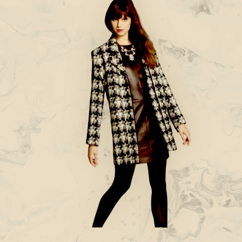Kenneth Cole Black & Cream Plaid Houndstooth Winter Coat